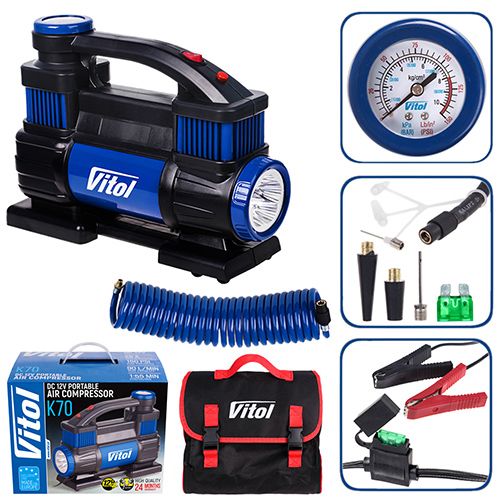 Компресор "ViTOL" K-70 150psi/25Amp /90л/2 циліндра /шланг 1,0+5,0м/клеми