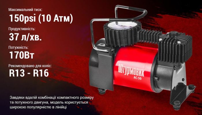 Компресор "Штурмовик" AC-50 150psi/14Amp/37л/прикурювач